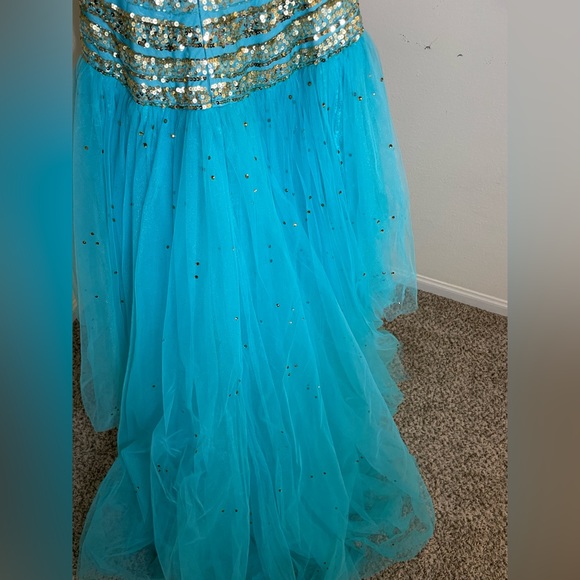 Sherri Hill high low jeweled dress blue gold - Picture 4 of 14